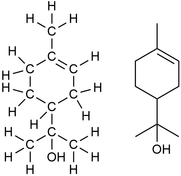 Figure 4. À gauche, structure développée de l'α-terpinéol, avec tous les atomes représentés. À droite, la même molécule, sous la forme condensée couramment utilisée en chimique organique. Les coudes et les extrémités de liens sans notation spéciale sont des carbones, et ceux-ci sont par convention comblés jusqu'à 4 liens avec des hydrogènes.