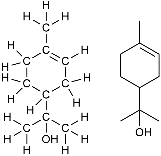 Figure 4. To the left, the developed structure of  α-terpineol, with all atoms represented. To the right, the same molecule in its condensed form, as commonly used in organic chemistry. Junctions and tips are carbon atoms, and these are conventionnally "filled" with up to 4 links with hydrogens.